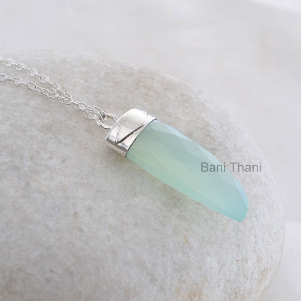 Aqua Chalcedony Necklace-Aqua Chalcedony 12x30mm Tusk Shape Gemstone Pendant Necklace-925 Sterling Silver Necklace-Christmas Gift Necklace