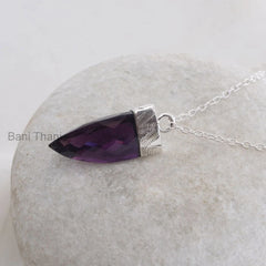 Purple Amethyst Quartz Pendant - Point Shape 15x25mm Pendant - Solid 925 Sterling Silver Necklace - Christmas Gift Necklace -Gift for Mother