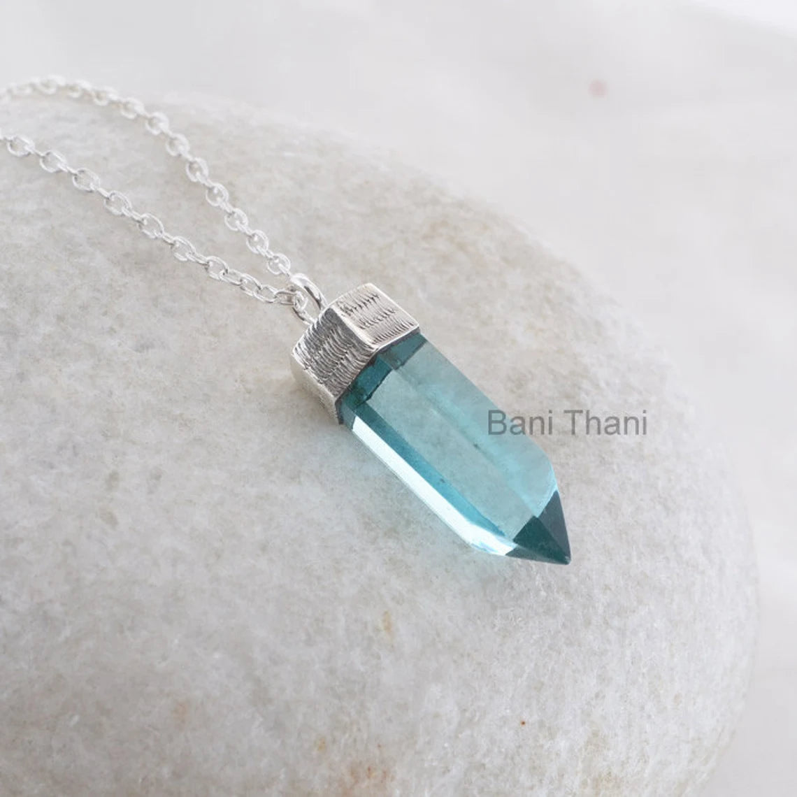 Point Shape Aqua Quartz Gemstone Pendant 925 Sterling Silver Necklace, Gift Necklace, 8x25mm