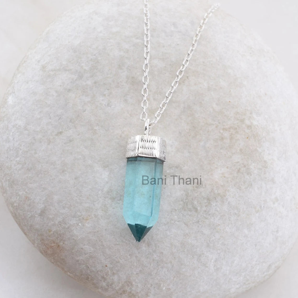 Point Shape Aqua Quartz Gemstone Pendant 925 Sterling Silver Necklace, Gift Necklace, 8x25mm