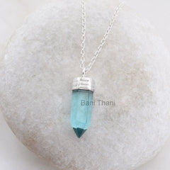 Point Shape Aqua Quartz Gemstone Pendant 925 Sterling Silver Necklace, Gift Necklace, 8x25mm