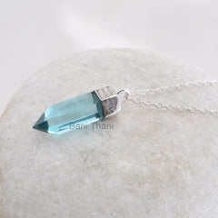 Point Shape Aqua Quartz Gemstone Pendant 925 Sterling Silver Necklace, Gift Necklace, 8x25mm