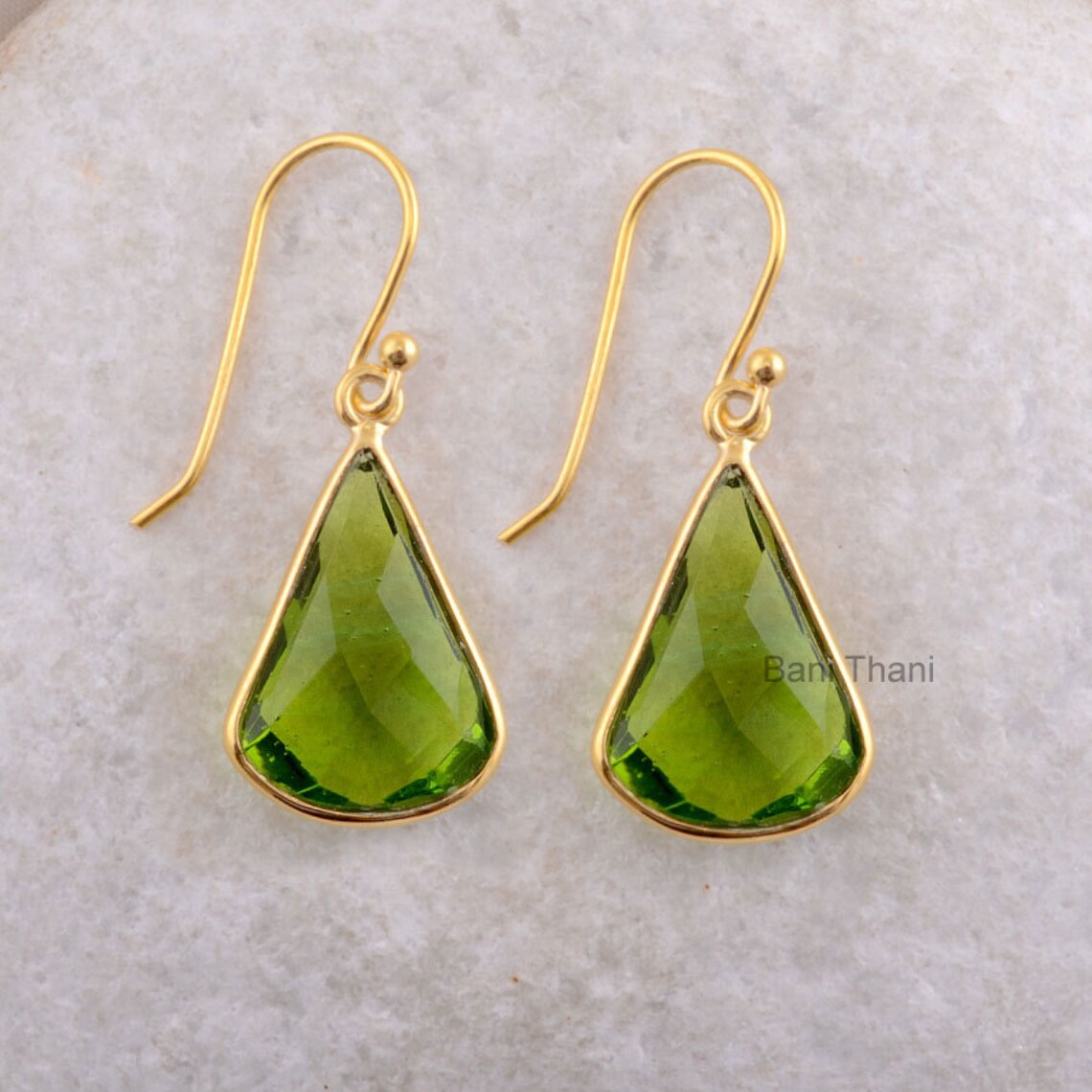 Peridot Earrings, Green Peridot Quartz 12x16mm Faceted Pear Gemstone Dangle earring, Micron Gold Plated 925 Sterling Silver Dangle Earrings