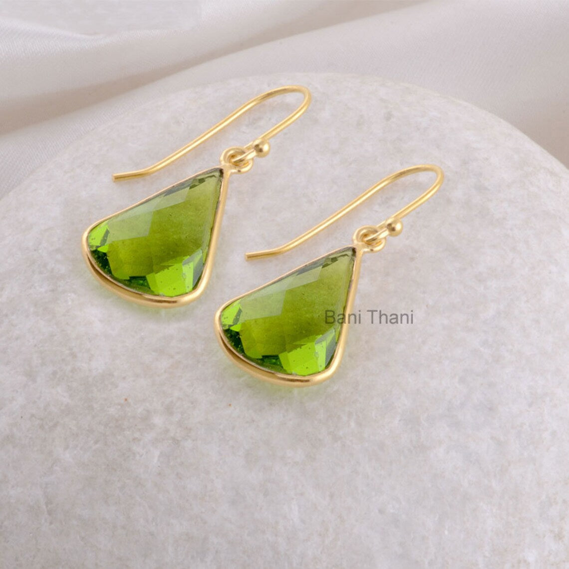 Peridot Earrings, Green Peridot Quartz 12x16mm Faceted Pear Gemstone Dangle earring, Micron Gold Plated 925 Sterling Silver Dangle Earrings