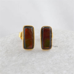 Gemstone Stud Earrings - Ammolite Silver Stud Earring - 925 Sterling Silver Gold Plated Stud Earring - Bridal Earring Jewelry - Gift for Her