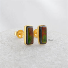 Gemstone Stud Earrings - Ammolite Silver Stud Earring - 925 Sterling Silver Gold Plated Stud Earring - Bridal Earring Jewelry - Gift for Her