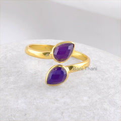 Amethyst Chalcedony Gemstone Ring - 18k Gold Plated Adjustable Ring - 925 Sterling Silver Handmade Ring - Jewelry for Spouse - Gift for Mom