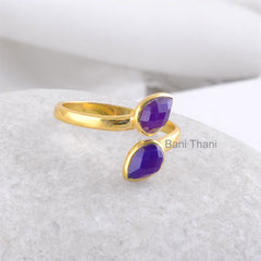 Amethyst Chalcedony Gemstone Ring - 18k Gold Plated Adjustable Ring - 925 Sterling Silver Handmade Ring - Jewelry for Spouse - Gift for Mom