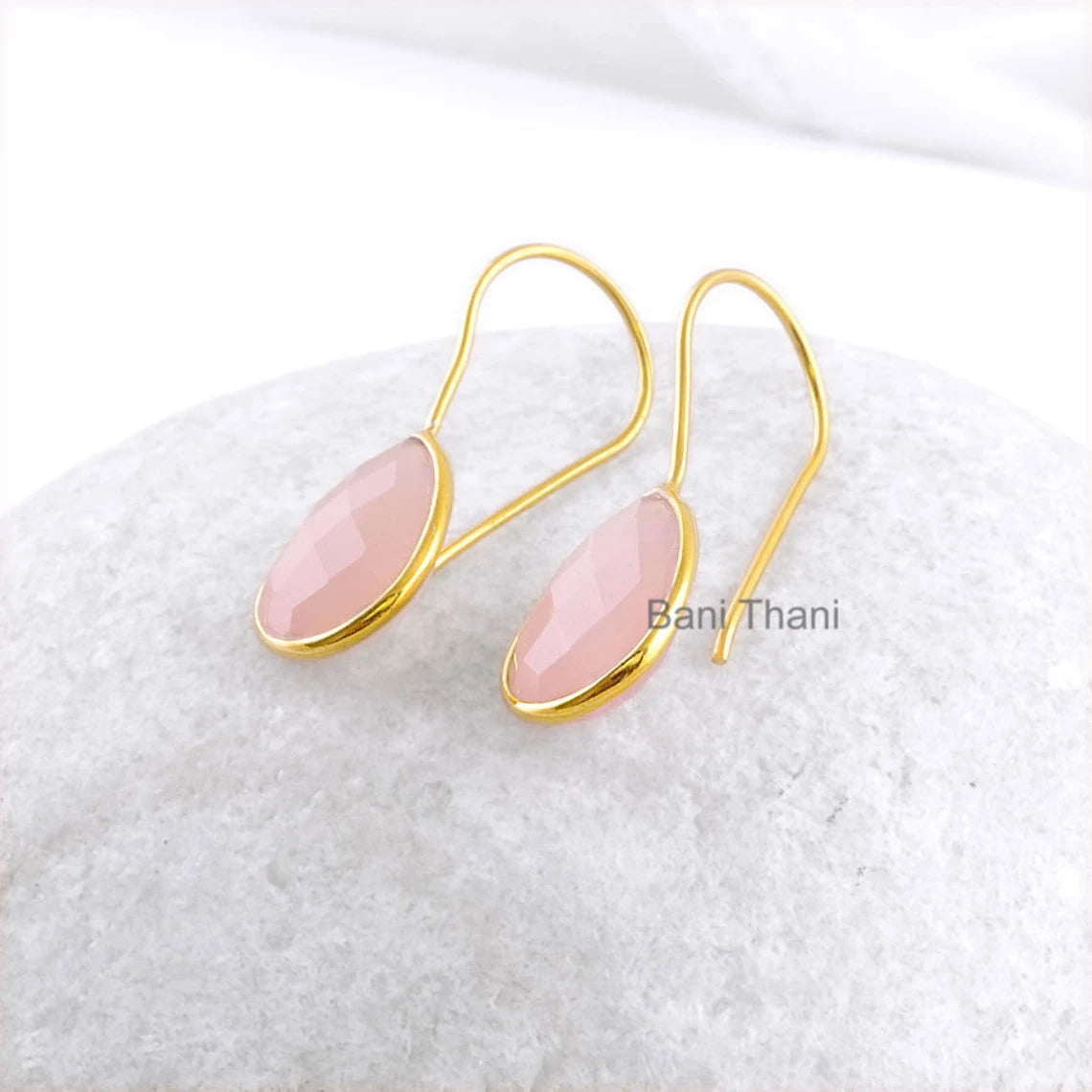 Chalcedony Earring, Pink Chalcedony 10x15mm Pear Gemstone Earring, Micron Gold Plated Pink Dangle Earring 925 Sterling Silver Dangle Earring