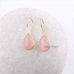 Chalcedony Earring, Pink Chalcedony 10x15mm Pear Gemstone Earring, Micron Gold Plated Pink Dangle Earring 925 Sterling Silver Dangle Earring