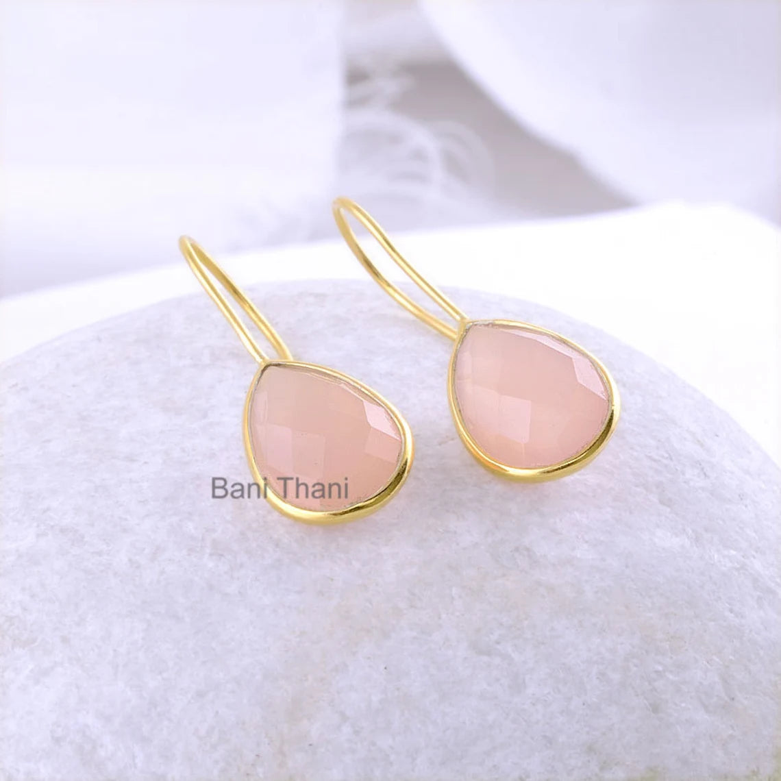 Chalcedony Earring, Pink Chalcedony 10x15mm Pear Gemstone Earring, Micron Gold Plated Pink Dangle Earring 925 Sterling Silver Dangle Earring