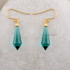 Teal Quartz Faceted Point Shape Micron Gold Plated 925 Sterling Silver Dangle Earrings