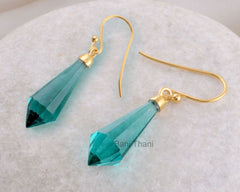 Teal Quartz Faceted Point Shape Micron Gold Plated 925 Sterling Silver Dangle Earrings