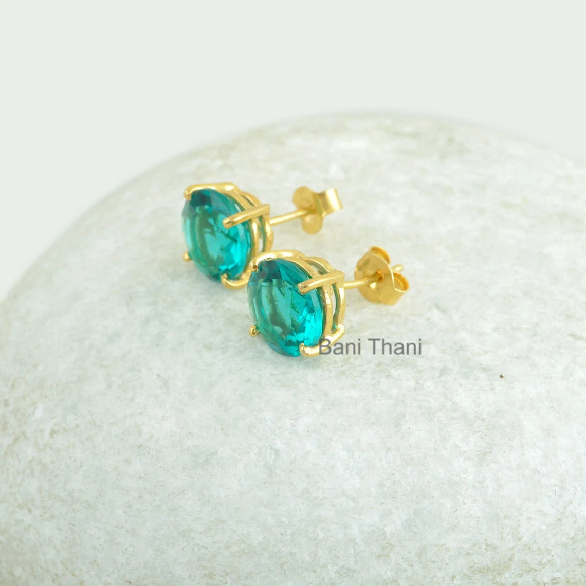 Teal Quartz 10mm Round Gemstone Stud Earrings, 18k Gold Plated 925 Sterling Silver Prong Set Earring, Gift For Mom, Anniversary Gift Earring