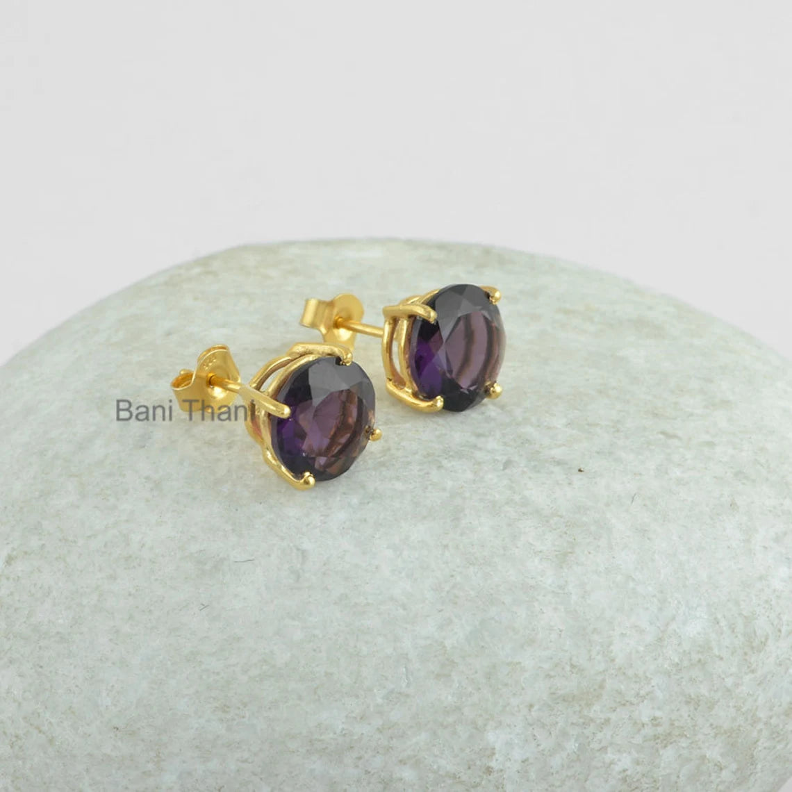 Gemstone Stud Earrings-Amethyst Quartz 10mm Round Earrings-Gold Plated 925 Sterling Silver Jewelry-Prong Set Earrings-Minimalist Earrings