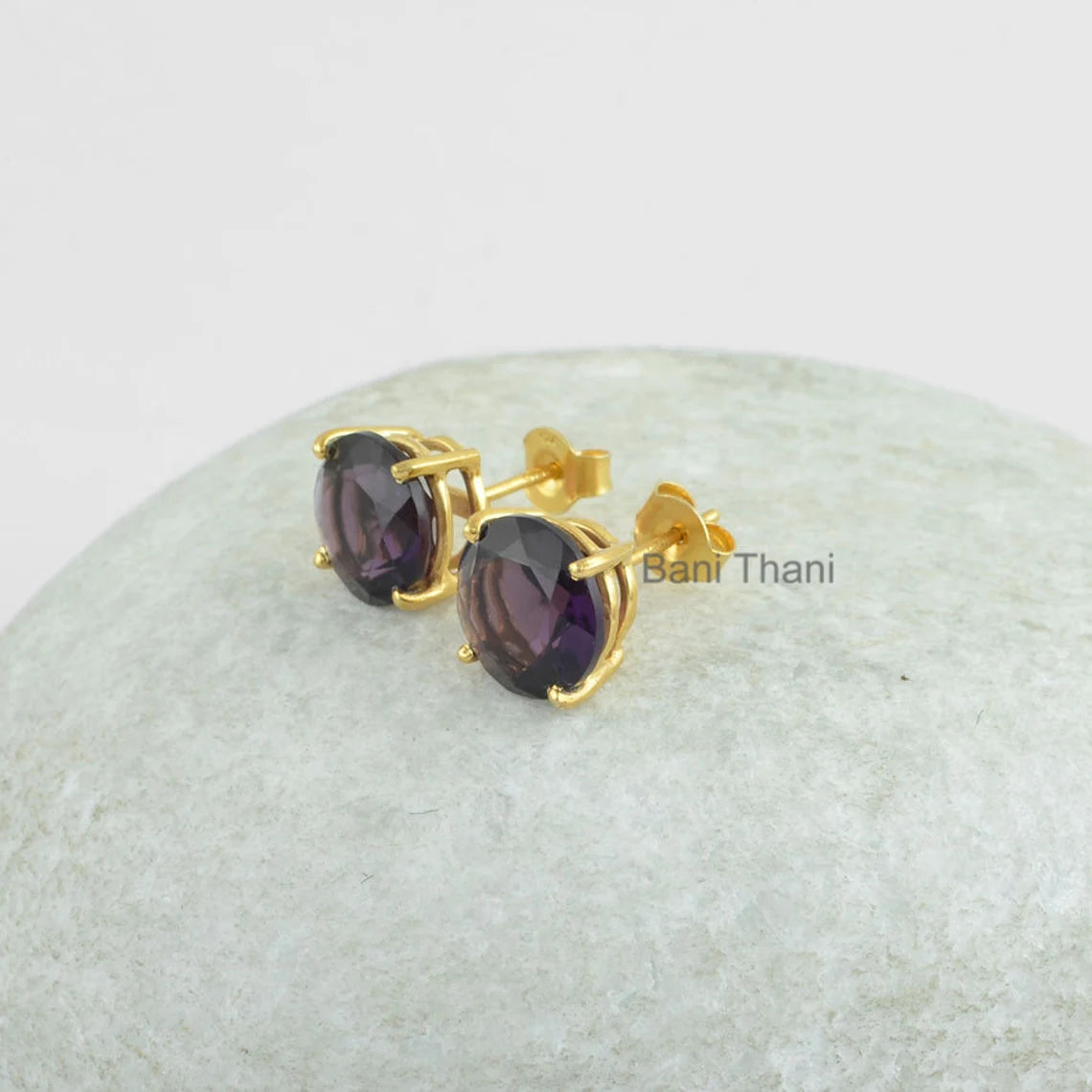 Gemstone Stud Earrings-Amethyst Quartz 10mm Round Earrings-Gold Plated 925 Sterling Silver Jewelry-Prong Set Earrings-Minimalist Earrings