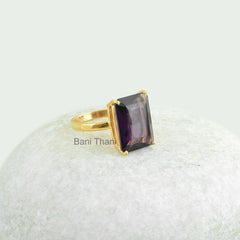 Amethyst Quartz Ring - 12x16mm Octagon Gemstone Ring - Gold Plated Ring - 925 Solid Silver - Christmas Gift Ring - Dainty Ring - Womens Ring