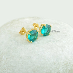 Teal Quartz 10mm Round Gemstone Stud Earrings, 18k Gold Plated 925 Sterling Silver Prong Set Earring, Gift For Mom, Anniversary Gift Earring