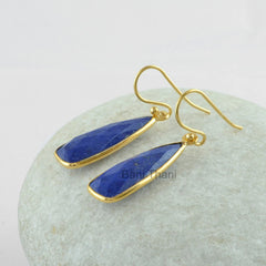 Blue Lapis Lazuli 8x24mm Pear Gemstone Earrings, 18k Gold Plated Sterling Silver Earrings, Hook Earrings, Drop Dangle Earrings, Vintage Gift