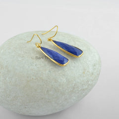 Blue Lapis Lazuli 8x24mm Pear Gemstone Earrings, 18k Gold Plated Sterling Silver Earrings, Hook Earrings, Drop Dangle Earrings, Vintage Gift