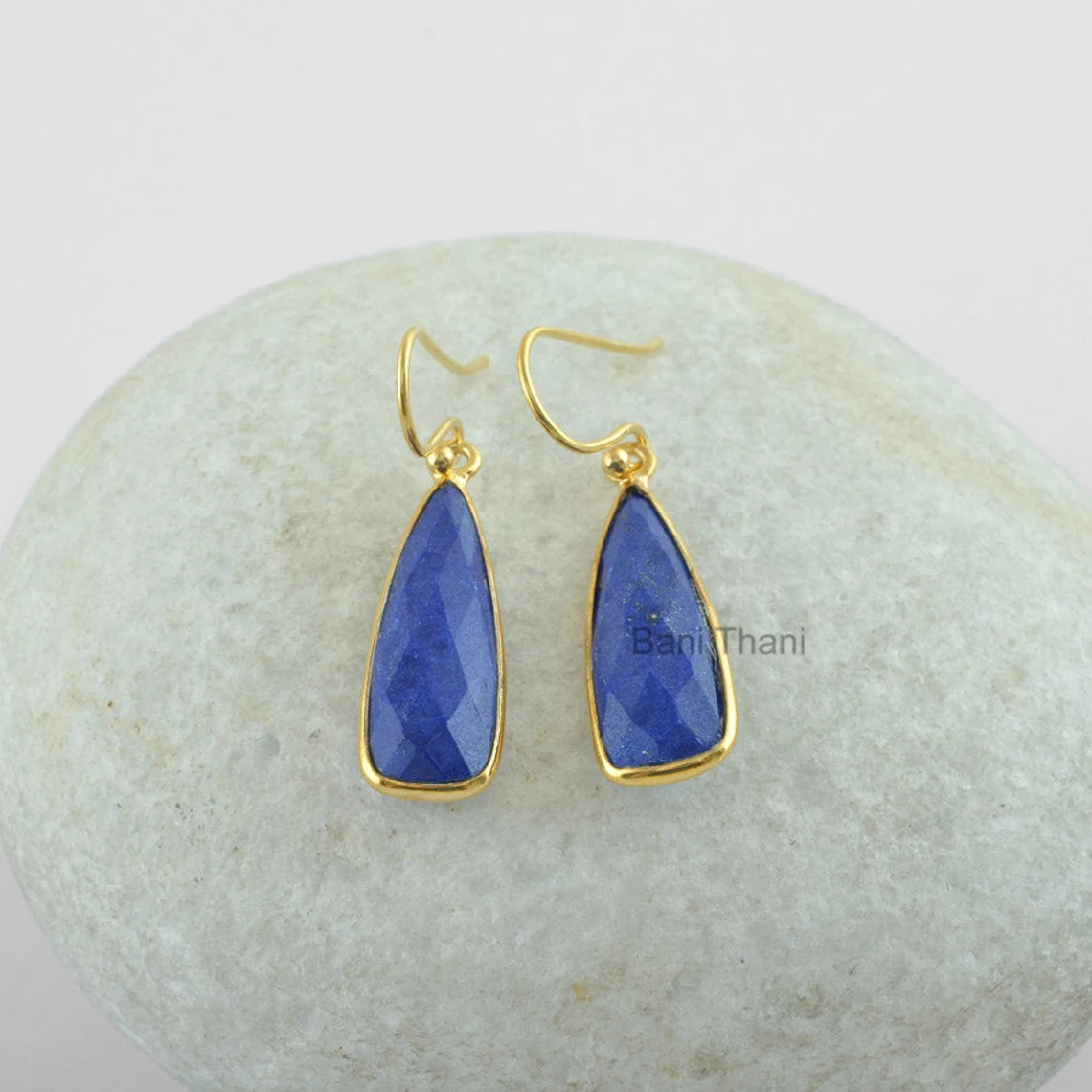 Blue Lapis Lazuli 8x24mm Pear Gemstone Earrings, 18k Gold Plated Sterling Silver Earrings, Hook Earrings, Drop Dangle Earrings, Vintage Gift