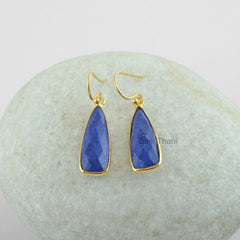 Blue Lapis Lazuli 8x24mm Pear Gemstone Earrings, 18k Gold Plated Sterling Silver Earrings, Hook Earrings, Drop Dangle Earrings, Vintage Gift