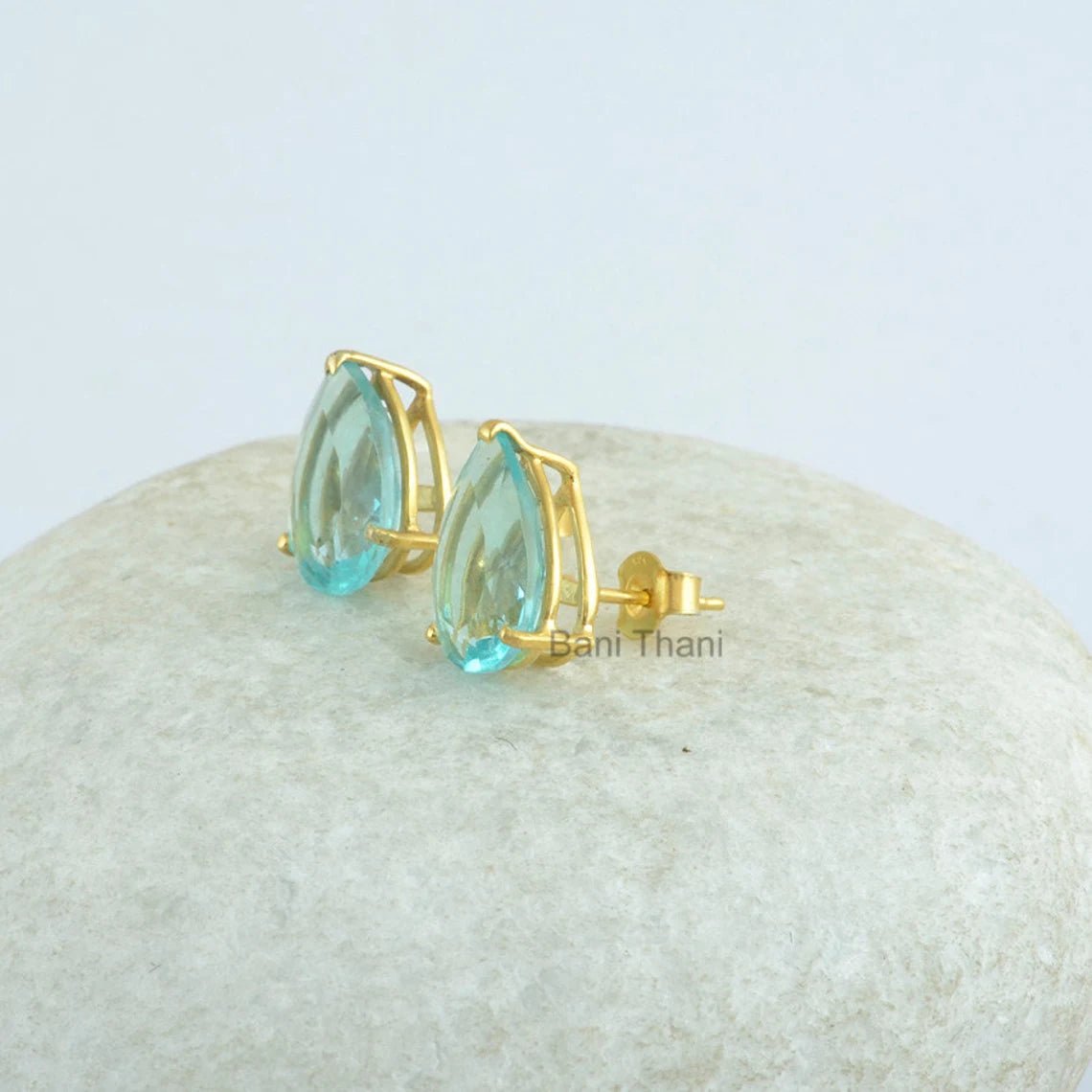 Aqua Quartz 10x14mm Pear Gemstone Stud Earring, 18k Gold Plated 925 Sterling Silver Prong Set Earring, Wedding Gift Earring, Dainty Earring