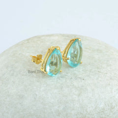 Aqua Quartz 10x14mm Pear Gemstone Stud Earring, 18k Gold Plated 925 Sterling Silver Prong Set Earring, Wedding Gift Earring, Dainty Earring