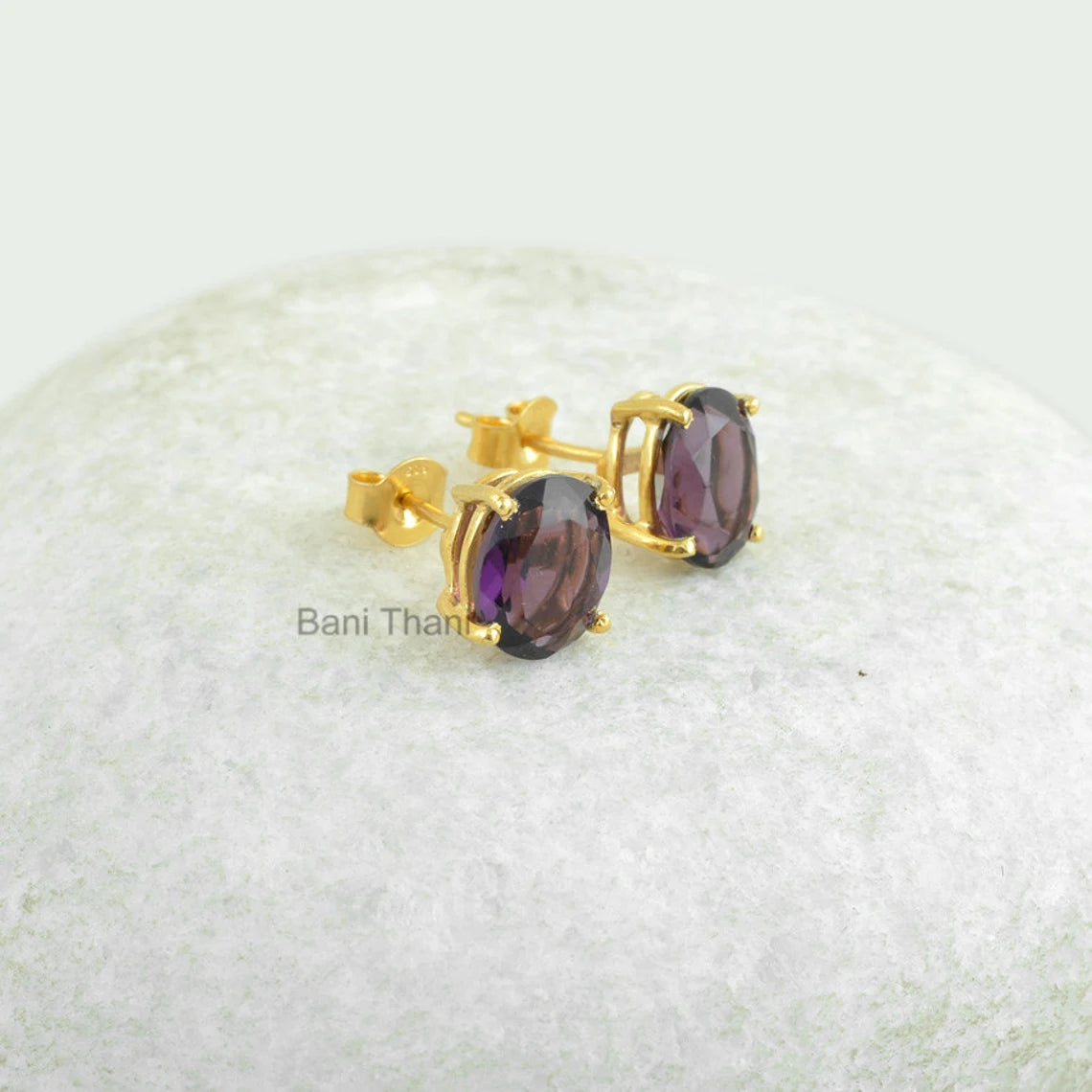 Prong Stud Earring-Purple Amethyst Quartz 8x10mm Oval Stud Gemstone Earrings-Gold Plated 925 Sterling Silver Jewelry-Christmas Gift Earrings