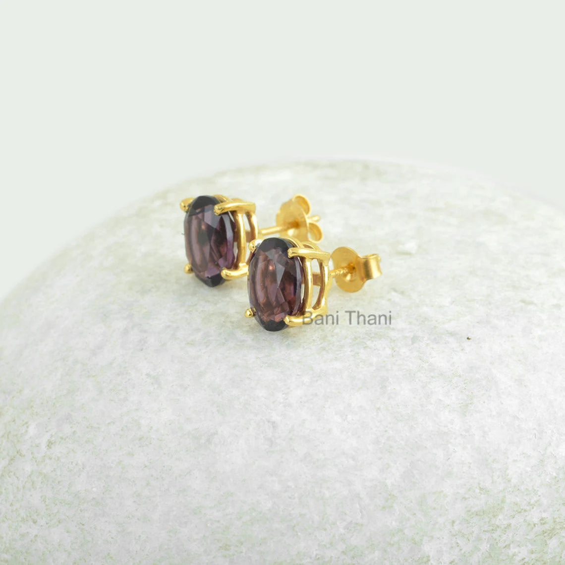 Prong Stud Earring-Purple Amethyst Quartz 8x10mm Oval Stud Gemstone Earrings-Gold Plated 925 Sterling Silver Jewelry-Christmas Gift Earrings