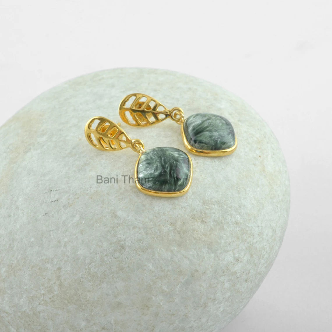 Handmade Designer Seraphinite 12mm Cushion Gemstone Earrings, Micron Gold Plated 925 Sterling Silver Earrings Jewelry, Birthday Gift Earring