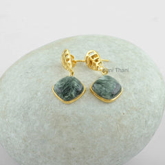 Handmade Designer Seraphinite 12mm Cushion Gemstone Earrings, Micron Gold Plated 925 Sterling Silver Earrings Jewelry, Birthday Gift Earring