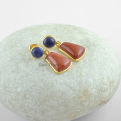 Red Jasper and Lapis Gemstone Earrings, Gold Plated Earrings, 925 Sterling Silver Dangle Earring Jewelry