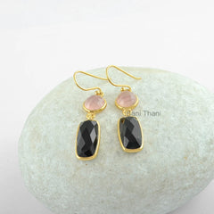 Black Onyx and Pink Chalcedony Gemstone Earrings, Micron Gold Plated 925 Sterling Silver Dangle Earrings Jewelry