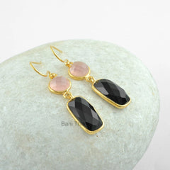 Black Onyx and Pink Chalcedony Gemstone Earrings, Micron Gold Plated 925 Sterling Silver Dangle Earrings Jewelry