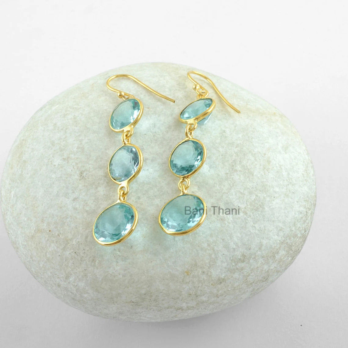 Aqua Quartz Gemstone Gold Plated Earrings - 925 Sterling Silver Dangle Earring - Wedding Gift Earrings for Her - Gift for Mom - Hook Earring