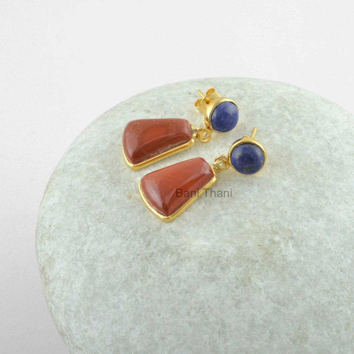 Red Jasper and Lapis Gemstone Earrings, Gold Plated Earrings, 925 Sterling Silver Dangle Earring Jewelry