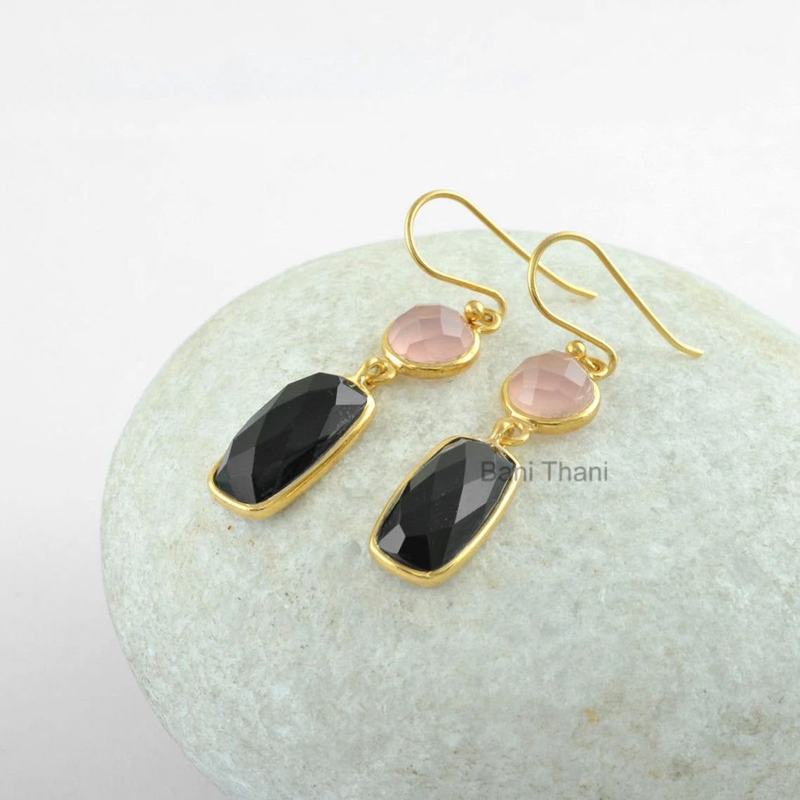 Black Onyx and Pink Chalcedony Gemstone Earrings, Micron Gold Plated 925 Sterling Silver Dangle Earrings Jewelry