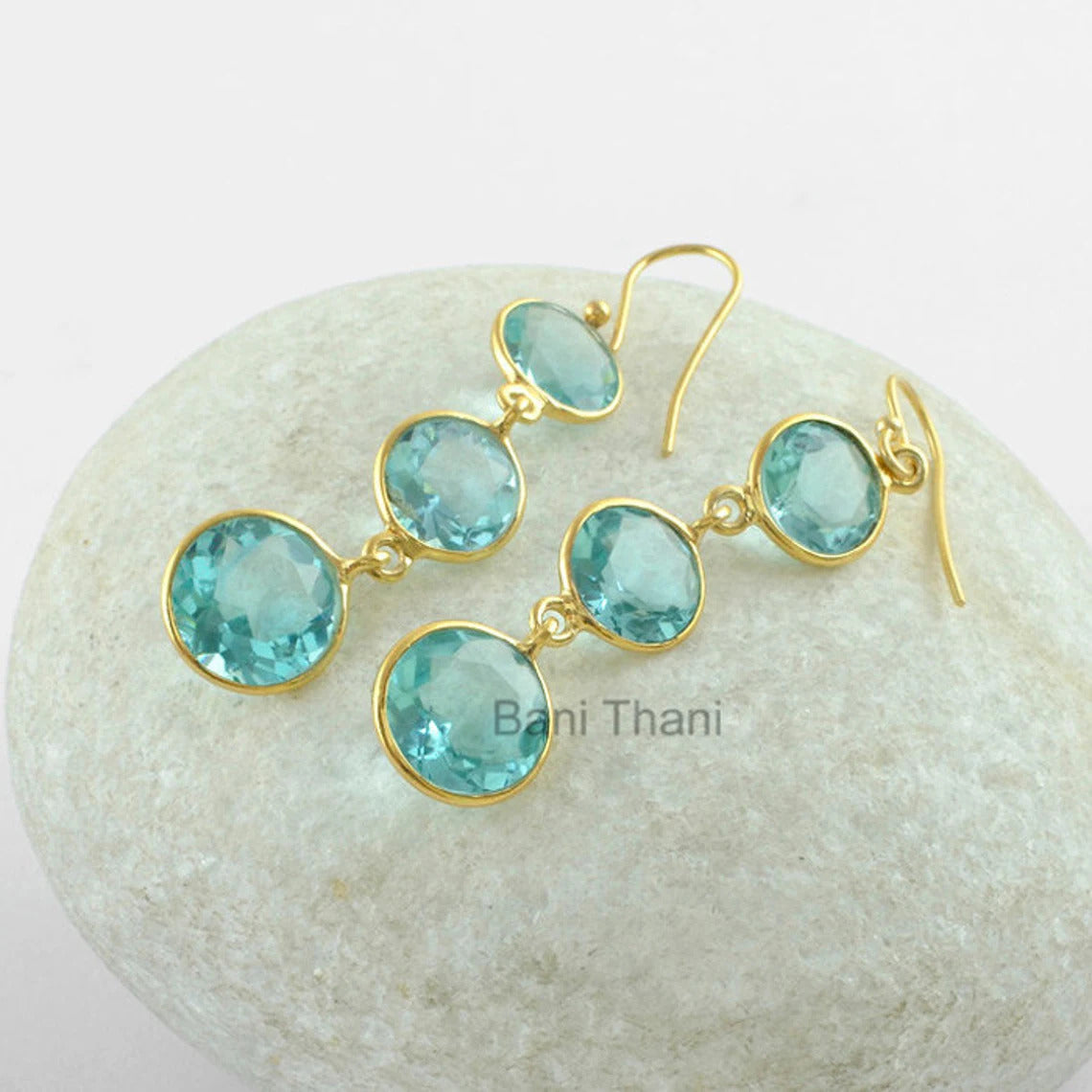 Aqua Quartz Gemstone Gold Plated Earrings - 925 Sterling Silver Dangle Earring - Wedding Gift Earrings for Her - Gift for Mom - Hook Earring