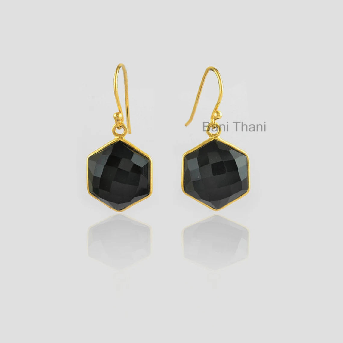 Black Onyx 14mm Hexagon Gemstone Drop Earrings, Micron Gold Plated 925 Sterling Silver Earrings, Dangle Earring, Boho Earrings, Gift For Her