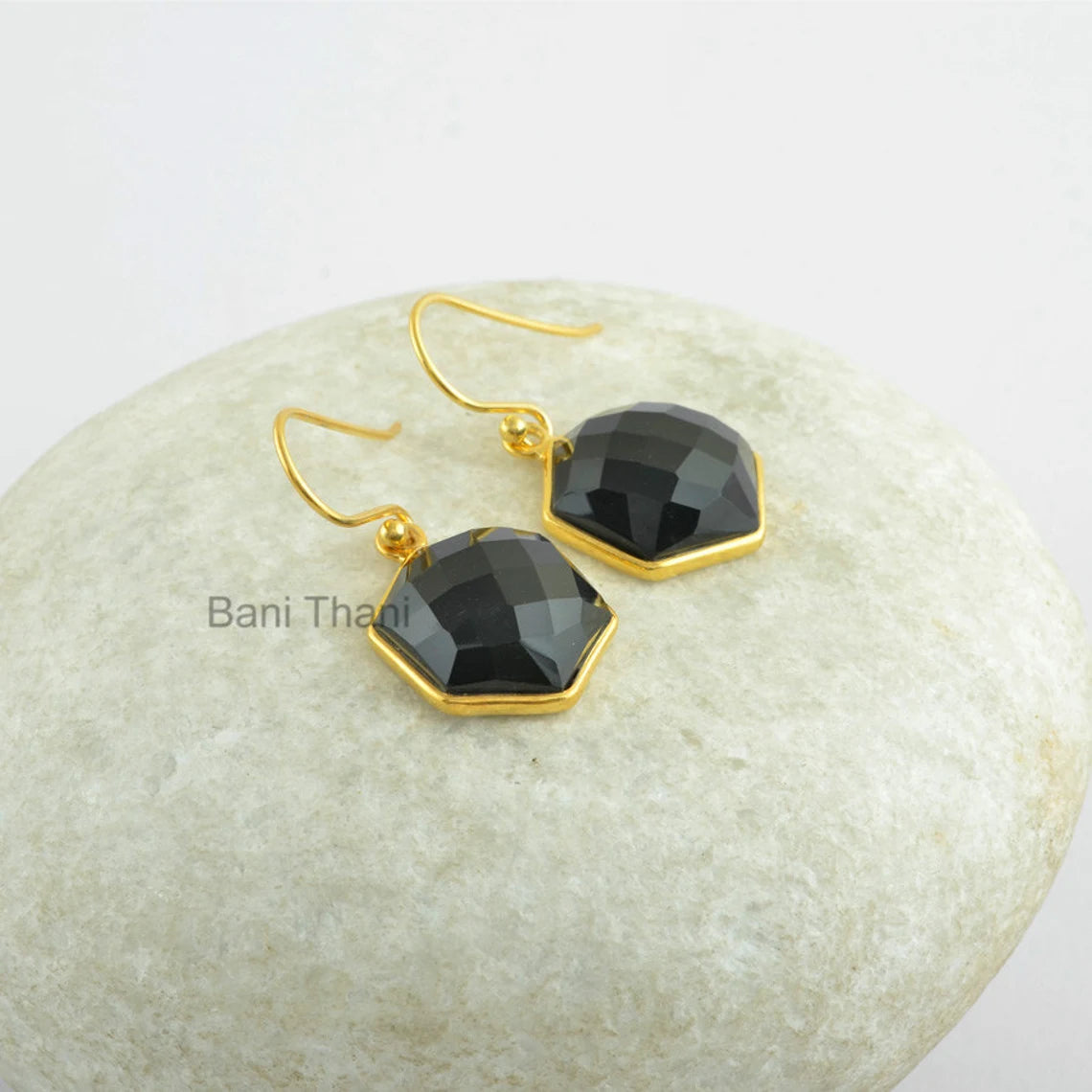 Black Onyx 14mm Hexagon Gemstone Drop Earrings, Micron Gold Plated 925 Sterling Silver Earrings, Dangle Earring, Boho Earrings, Gift For Her