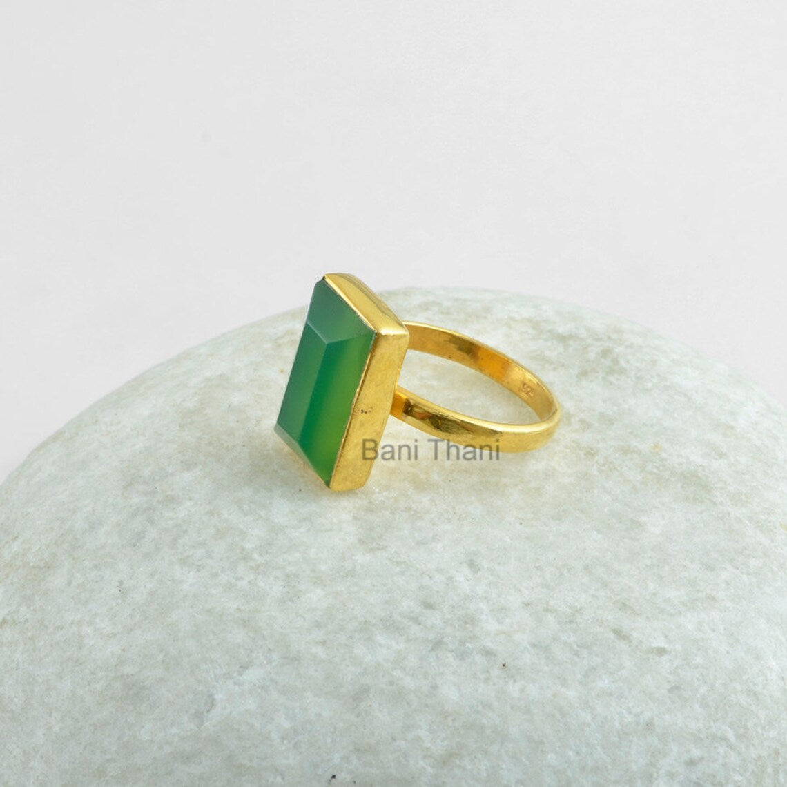 Green Chrysoprase Ring-925 Sterling Silver Ring-Green Chrysoprase Rectangle 9x15mm Micron Gold Plated Ring-Silver Ring for gift-Wedding Ring