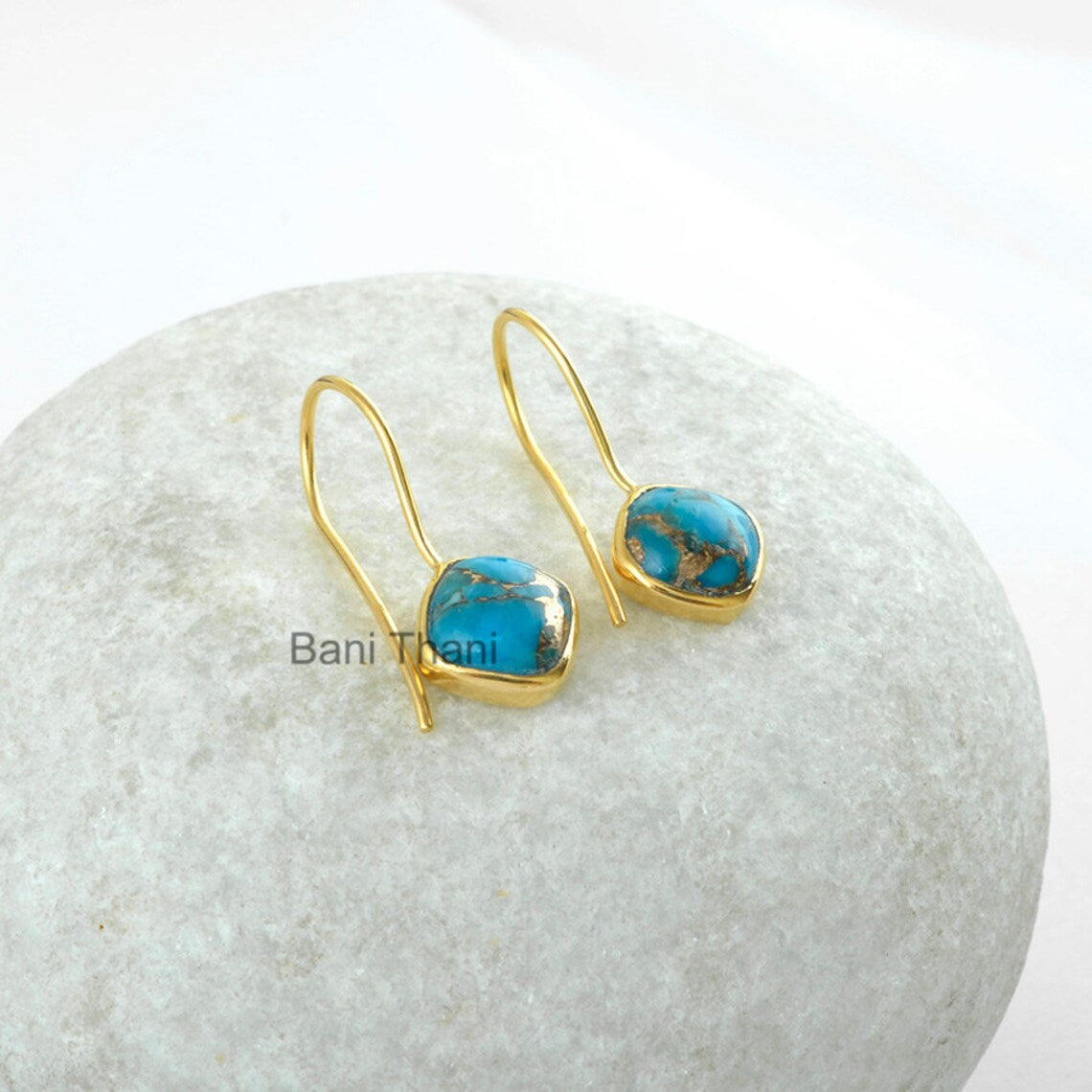 Blue Copper Turquoise Cushion 10mm Earring Micron Gold Plated 925 Sterling Silver Dangle Earring Jewelry, Gemstone Earring Jewelry