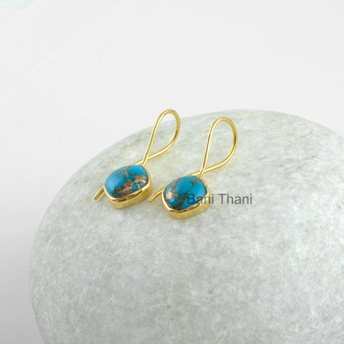 Blue Copper Turquoise Cushion 10mm Earring Micron Gold Plated 925 Sterling Silver Dangle Earring Jewelry, Gemstone Earring Jewelry