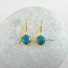 Blue Copper Turquoise Cushion 10mm Earring Micron Gold Plated 925 Sterling Silver Dangle Earring Jewelry, Gemstone Earring Jewelry