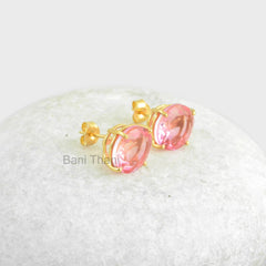 Pink Tourmaline Doublet Quartz Stud Earrings - 925 Silver - Rose Gold Plated - 11mm Round -Elegant Jewelry - Gift For Date - Jewelry For Her