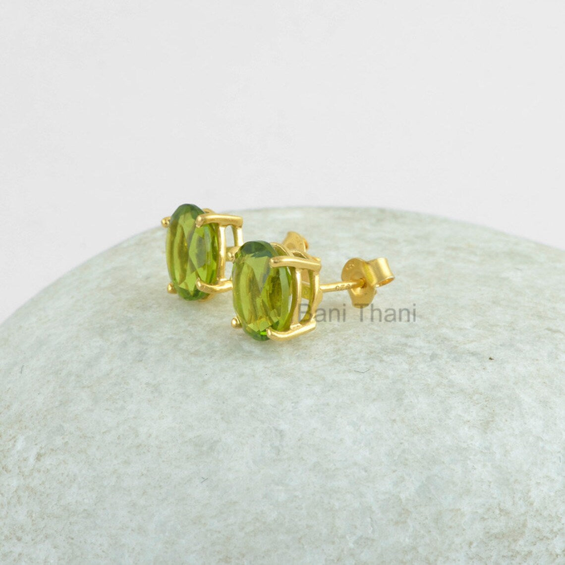 Prong Set Stud Earring-Peridot Quartz 7x10mm Oval Stud Earrings-Gold Plated 925 Sterling Silver Earring Jewelry-Birthday Gift-Christmas Gift