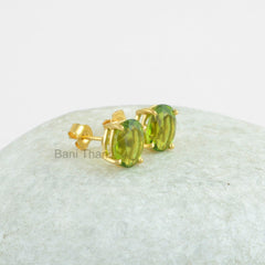 Prong Set Stud Earring-Peridot Quartz 7x10mm Oval Stud Earrings-Gold Plated 925 Sterling Silver Earring Jewelry-Birthday Gift-Christmas Gift