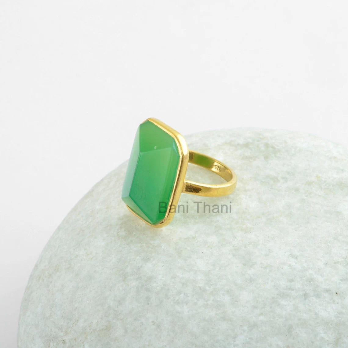 Sterling Silver Ring-Green Chrysoprase Chalcedony 13x18mm Pyramid Gemstone Ring-Micron Gold Plated Ring-Solitaire Ring, Engagement Gift Ring