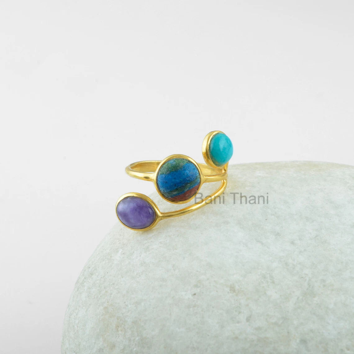 Three Stone Ring, Rainbow Calsilica Ring, Charoite Ring, Turquoise Ring, Gold Plated 925 Silver Ring, Birthday Gift Ring, Present For Her